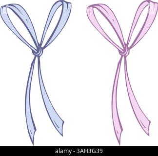 Satin, kleine, schlichte Schleife aus Stoff, dünne Bänder. Grafische Skizze Illustration von Hand gezeichneter Strichgrafik, Umriss in Blau und Rosa. Einfach isoliert Stock Vektor