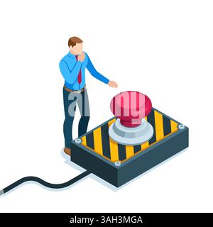 Ein isometrischer Geschäftsmann steht in einer nachdenklichen Pose vor einem roten Knopf, in Farbe auf weißem Hintergrund, drückt einen roten oder atomaren Knopf Stock Vektor