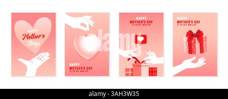 Happy Mothers Day Set mit Postern oder Covern mit Händen und Herzen. Kreative Konzepte mit Herz, Hand und Schrift für die beste Mutter aller Zeiten Stock Vektor