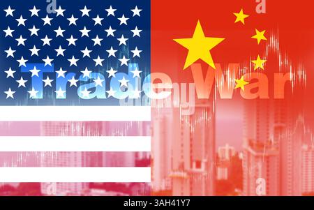 Handelskriegssymbole, Zollschranken zwischen USA und China, USA und China Flaggen auf zerrissenem Betonhintergrund, USA und China Handelskrieg, USA und China tr Stockfoto