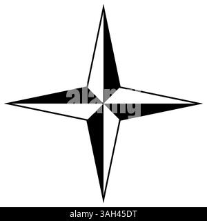 Kompassrosensymbol, schwarz-weiße Vektorsterndarstellung von vier Kardinalrichtungen Stock Vektor