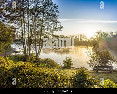 Sonnenaufgang über einem kleinen See als Liden Lagune in Swindon, Wiltshire bekannt. Stockfoto