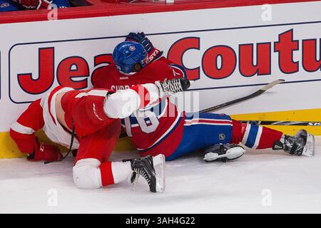 9. April 2015: Detroit Red Wings Center Darren Helm #43 und Montreal Canadiens Verteidiger P.K. Subban #76 stürzten in die Bretter während eines NHL-Spiels zwischen den Detroit Red Wings und den Montreal Canadiens im Bell Centre in Montreal, Quebec, Kanada. Die Montreal Canadiens besiegten die Detroit Red Wings 4-3 in Überstunden. Philippe Bouchard/CSM(Bild: © Philippe Bouchard/Cal Sport Medi/Cal Sport Media/ZUMAPRESS.com) Stockfoto