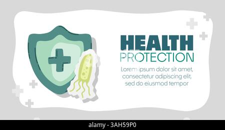 Schutzschild von Viren, Keimen und Bakterien angegriffen. Immunsystem- und Virusschutzkonzept mit Gesundheitsschutztext. Immunität hygienisch medizinisch Stock Vektor