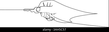 Durchgehende einzeilige Zeichnung einer Hand, die einen Türschlüssel hält, Strichgrafik-Vektor-Illustration Stock Vektor