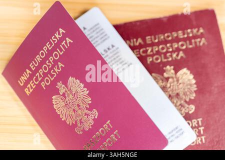Polnischer Reisepass. Offizielles Reisedokument. Concept, Dokumente aus Polen. Pass der Republik Polen. Stockfoto