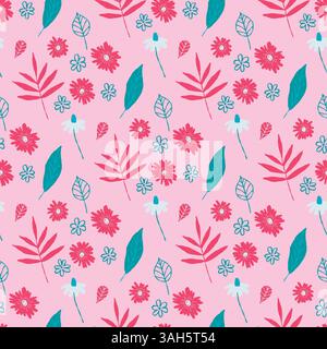 Rosafarbenes, nahtloses Blumenmuster in Farbmustern, helles, niedliches Muster für Textilien, Verpackung, Geschenkpapier. Stock Vektor