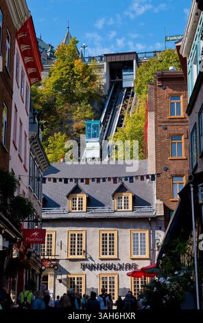 Kanada, Provinz Québec, Stadt Québec, Altstadt Québec, Vieux Québec. Rue Sous-le-Fort in Basse-Ville, der Unterstadt, führt zur Funiculaire du Vieux Quebec, der Seilbahn, die mit der Oberen Altstadt von Vieux Quebec verbunden ist Stockfoto