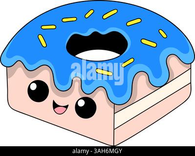 Verspieltes Cartoon-Dessert in Form eines quadratischen Donuts, mit einem fröhlichen, lächelnden Gesicht, blauer Glasur mit gelben Streuseln und einer kuchenähnlichen Basis Stock Vektor
