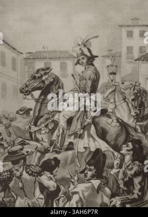 Madrid, Spanien. Napoleonische Invasion. Der Marschall des Reiches Joachim Murat (1767–1815) erschien täglich in der Öffentlichkeit, umgeben von seiner kaiserlichen Garde, und überprüfte seine Truppen jeden Sonntag im Prado. Am Sonntag, dem 1. Mai 1808, nachdem er die Puerta del Sol durchquert hatte, pfiff und schrie die Menge an. „... als Murat mit seinem luxuriösen Generalstab vorbeikam, pfiffen ihm die Manolos unaufhörlich an.“ Los guerrilleros de 1808. Historia Popular de la Guerra de la Independencia, von Enrique Rodríguez-Solís. Band I. erschienen in Madrid, 1930. Stockfoto