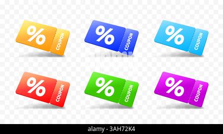 Coupon mit prozentualem Rabatt, Satz farbiger Coupons auf transparentem Hintergrund. Vektor Stock Vektor