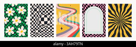 Abstraktes psychedelisches Retro-Muster-Set. Groovige Hintergründe in lebendigen Farben. Trendige, flippige Vektortexturen im abstrakten y2k-Stil. Vektorgrafik für Stock Vektor