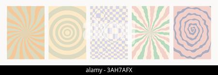 Set mit Retro-Muster. Abstrakte psychedelische Groovy-Hintergründe in Retro-Farben. Verdrehte Vektorstruktur im trendigen y2k-Stil. Vektorgrafik für Poster und Stock Vektor
