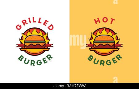 Gegrilltes Burger Logo Design, Hot Burger Creative Logo Design, Hamburger Marke Burger Logo mit Feuer Illustration Vektor editierbare Datei Stock Vektor