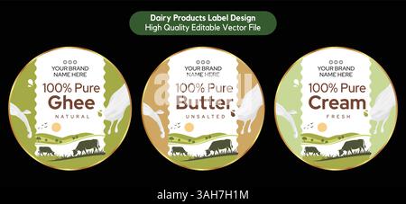 Kuhmilchbutter-Etikett, Frische Creme-Etikett, Pure Ghee Label Design elegant und natürliche Milchprodukte Produktverpackung Vektor-Illustration Premium Qualität Stock Vektor