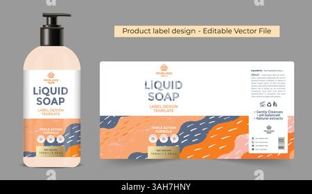 Flüssigseife Flasche Etikett Design mit Pumpflasche Mockup Illustration editierbarer Vektor für Hygiene Produkt Verpackung Stock Vektor