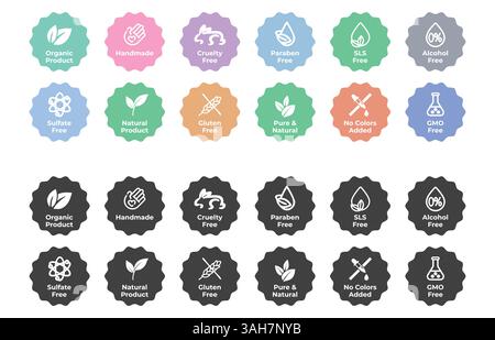 Grausamkeit frei Paraben frei Icons Sulfatfrei Gluten GVO keine Farben hinzugefügt Lebensmittelverpackung Icon. Symbole für das Logo für organische Verpackungen von Naturprodukten Stock Vektor