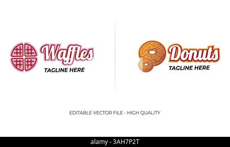 Waffle Logo Design, Donuts Logo Design, Eiscreme Logo Design, Süßwaren, süße leckere Waffel und Donuts, Logo Vorlage Vektor Illustration Stock Vektor