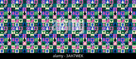 Quadratisches Raster mit organischen Farbformen und Pflanzen in trendigen Farben. Stock Vektor