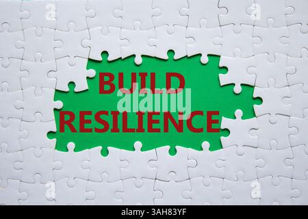 Symbol für Belastbarkeit erstellen. Weißes Puzzle mit Wörtern schafft Widerstandsfähigkeit. Schöner grüner Hintergrund. Business- und Build Resilience-Konzept. Kopierbereich. Stockfoto