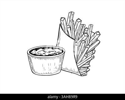 Einfarbige Pommes Frites in Papierverpackung realistische grafische Strichzeichnung. Schwarz-weiße Zeichnung von gebratenem Kartoffelhaufen. Amerikanische Straße ungesund Stock Vektor