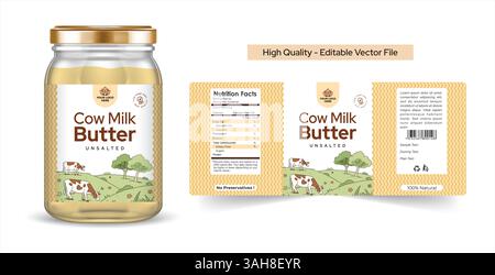 Kuhbutter und Pure Ghee Label Designs mit Jar 3D Mockup Premium Verpackung und Branding für luxuriöse Milchprodukte Vektor Illustration Stock Vektor