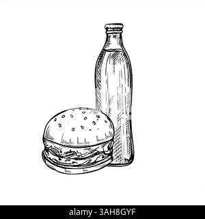 Zerschmettern Sie Burger und Glasflasche mit kohlensäurehaltigem Getränk schwarzer Tinte Vektor Illustration. Bier, Limonade oder Tonic Drink und Sandwich-Kombination zum Mittagessen Stock Vektor