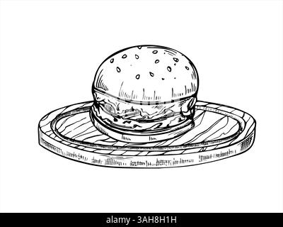 Saftiger Smash Burger mit frischen Tomatenscheiben serviert auf rustikalem Holzbrett mit schwarzer Tinte Vektor Illustration. Senfbraten mit Gemüse, Käse Stock Vektor