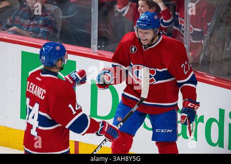 28. März 2015: Alex Galchenyuk #27 feiert sein Tor mit Tomas Plekanec #14 bei einem NHL-Spiel zwischen den Florida Panthers und den Montreal Canadiens im Bell Centre in Montreal, Quebec, Kanada. Philippe Bouchard/CSM(Bild: © Philippe Bouchard/Cal Sport Medi/Cal Sport Media/ZUMAPRESS.com) Stockfoto