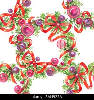 Grüne Kränze und Ornamente mit nahtlosem Weihnachtsmuster, Kugel mit Aquarellmuster Stockfoto