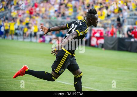 Kei Kamara (23) feiert sein Tor in der ersten Hälfte des Spiels zwischen Seattle Sounders FC und Columbus Crew SC im MAPFRE Stadium in Columbus OH. Am 9. Mai 2015. (Foto: © Dorn BYG/Cal Sport Media/ZUMAPRESS.com) Stockfoto