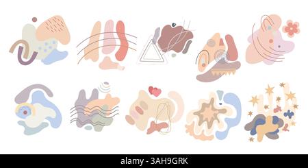 Abstrakte Formen setzen Hand gezeichnete Vektorillustration, einfache Kritzelentwürfe Elemente Linien, Texturen, Kurven, Flecken. Modernes trendiges Freihandmuster für soziale Medien, Poster und Vorlagen Stock Vektor