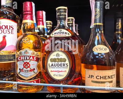 Bobruisk, Weißrussland - 10. März 2025: Hell beleuchtetes Regal für Spirituosen mit verschiedenen Flaschen Whisky und Brandy. Jedes Etikett erzählt eine Geschichte von cr Stockfoto