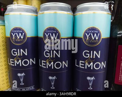 Bobruisk, Weißrussland - 21. März 2025: Farbenfrohe Dosen Gin und Zitronencocktails sind ordentlich auf einem Regal angeordnet und laden Passanten ein, einen refr zu genießen Stockfoto