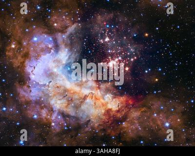 Die brillanten Wandteppiche junger Sterne, die zum Leben erwachen, ähneln einem glitzernden Feuerwerk auf dem Bild des Hubble Space Telescope zum 25. Jahrestag der NASA, um an ein Vierteljahrhundert der Erforschung des Sonnensystems und darüber hinaus seit seinem Start am 24. April 1990 zu erinnern. „Hubble hat unsere Sicht auf das Universum völlig verändert“, sagte John Grunsfeld, Astronaut und Associate Administrator des Direktorats der Wissenschaftsmission der NASA. „Diese aussicht mit Sternenfeuerwerk und glühendem Gas ist ein passendes Bild für unsere Feier von 25 Jahren erstaunlicher Hubble-Wissenschaft. Das funkelnde Herzstück von Hubbles silbernem Vernichter Stockfoto