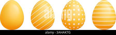 Cartoon 3D Ostereier Set - gelbe einfarbige ovale Vektorformen, Polka Dots und gestreifte Muster. Stock Vektor