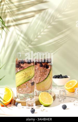 Kalte hausgemachte Limonade oder Cocktail mit Chiasamen, Heidelbeeren, Zitrone, Gurke und Limette auf einem sonnigen Tisch, Detox Diät und Sommerparty-Konzept. Ref Stockfoto