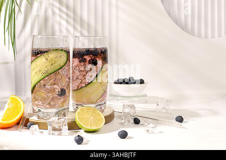 Erfrischendes Sommergetränk, kalte hausgemachte Limonade oder Cocktail mit Chiasamen, Heidelbeeren, Zitrone, Gurke und Limette auf einem sonnigen Tisch, Detox Diät Stockfoto
