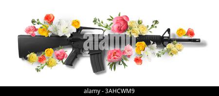 Sturmgewehr zwischen schönen Blumen auf weißem Hintergrund. Schluss mit Gewalt, schließe Frieden Stockfoto