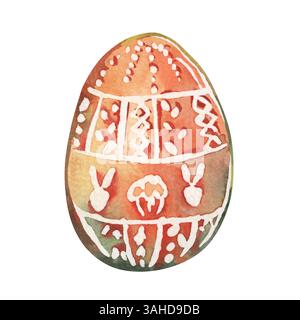 Das Osterei ist bemalt und mit geometrischen Dekorationsmustern stilisiert. Die Abbildung ist mit Aquarellen in orangefarbener Farbe gemalt. Weiße Punktverzierung Stockfoto