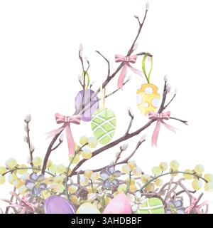 Ostereier in einem Weidennest Aquarellbild isoliert auf weiß. Das Nest mit Bögen, Frühlingsblumen und Mimosa-Zweigen, handgezeichnet in Pastell Stockfoto