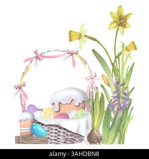 Frühlingsblumen, Korb mit Eiern und Osterkuchen Aquarellillustration isoliert auf weiß. Narzisse und Kulich handgezeichnete Pastelltöne für Ostern Stockfoto