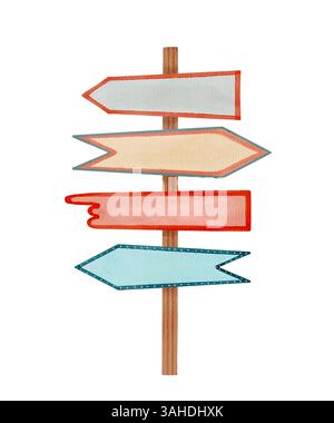 Ein lebendiger und farbenfroher hölzerner Wegweiser mit mehreren leeren Richtpfeilen in vielen verschiedenen Farben. Isoliertes handgezeichnetes Aquarellobjekt auf weißem Hintergrund. Stockfoto