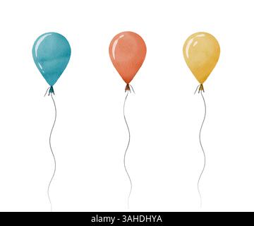 Ein lebhaftes Ballontrio in auffälligem Blau, Korallen und sonnigem Gelb, ideal für festliche Anlässe. Isolierte handgezeichnete Aquarellobjekte auf weißem Hintergrund. Stockfoto