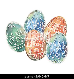Osterkomposition von gemalten Eiern mit stilisiertem, geometrischem Dekorationsmuster. Die Illustration ist mit Aquarellen in den Farben Grün, Blau und Orange bemalt Stockfoto