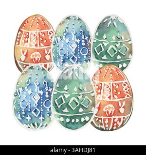 Osterkomposition von gemalten Eiern mit stilisiertem, geometrischem Dekorationsmuster. Die Illustration ist mit Aquarellen in den Farben Grün, Blau und Orange bemalt Stockfoto