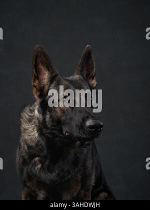 Eine Nahaufnahme eines Deutschen Schäferhundes mit ernstem Blick, vor schwarzem Hintergrund. Die dunklen Töne unterstreichen die scharfen Details des Fells. Stockfoto