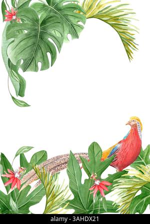 Goldener Fasan, Palmblätter und Passionsblumen, vertikaler Rahmen. Handgezeichneter Regenwald Natur isoliertes Clipart, Skizzenstil. Exotisch Stockfoto