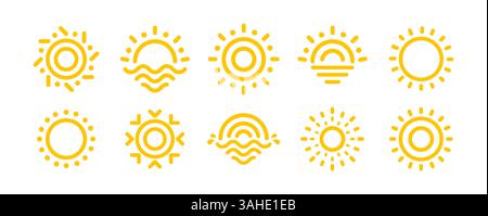Minimale Gelbe Sonnensymbole Im Line Art Stil, Mit Sonnenaufgang, Sonnenuntergang Und Abstrakten Wettersymbolen Auf Weißem Hintergrund. Vektorabbildung Stock Vektor