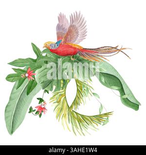 Fliegender goldener Fasan, Palmblätter und Passionsblumen Aquarellillustration. Handgezeichneter Regenwald Natur isoliertes Clipart, Skizzenstil. Exotisch Stockfoto